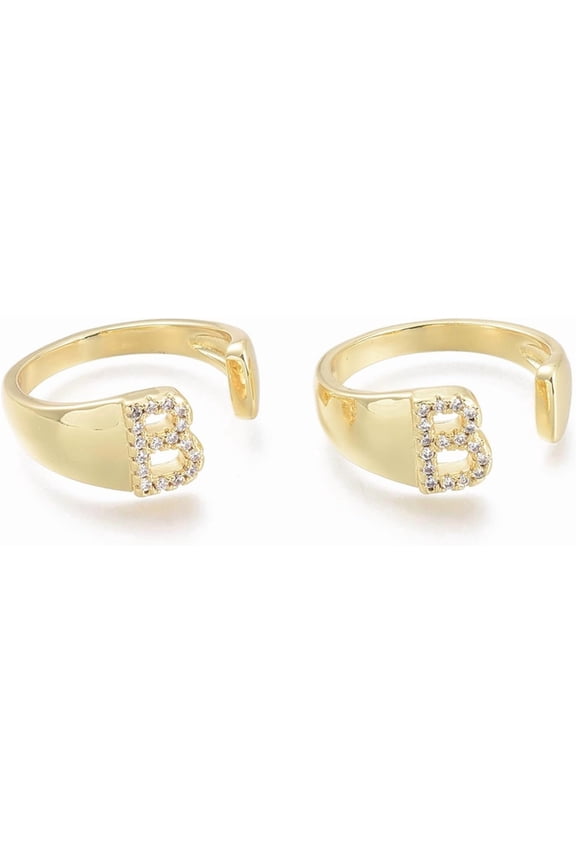 1pc Brass Micro Pave Clear Cubic Zirconia Cuff Rings Open Rings Letter Real 18K Gold Plated Letter.B US Size 7(17.3mm) B: 8x6mm