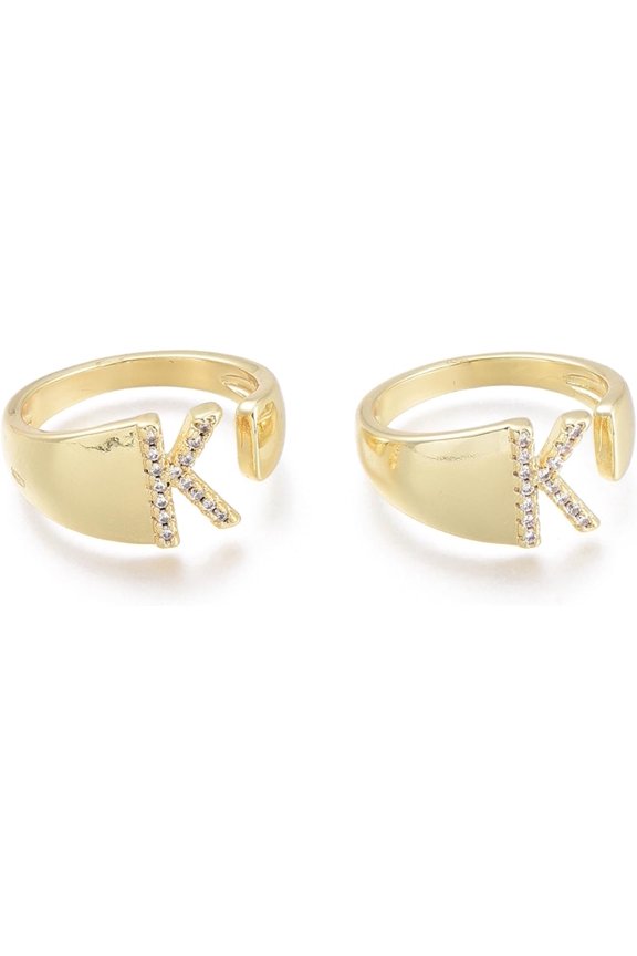 1pc Brass Micro Pave Clear Cubic Zirconia Cuff Rings Open Rings Letter Real 18K Gold Plated Letter.K Size 5 Inner Diameter: 16mm K: 9.5x6mm