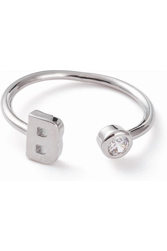 1pc Brass Micro Pave Clear Cubic Zirconia Cuff Rings Open Rings Long-Lasting Plated Real Platinum Plated Letter.B US Size 6