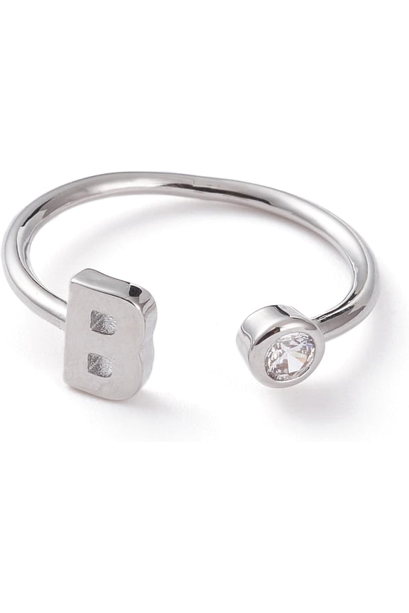 1pc Brass Micro Pave Clear Cubic Zirconia Cuff Rings Open Rings Long-Lasting Plated Real Platinum Plated Letter.B US Size 6