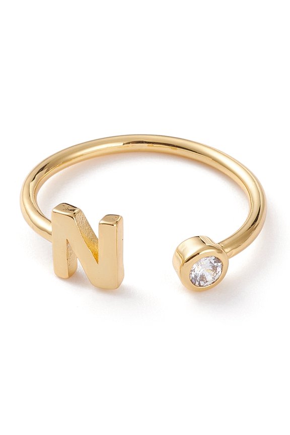 1pc Brass Micro Pave Clear Cubic Zirconia Cuff Rings Open Rings Long-Lasting golden Letter.N Size 6 Inner Diameter: 17mm