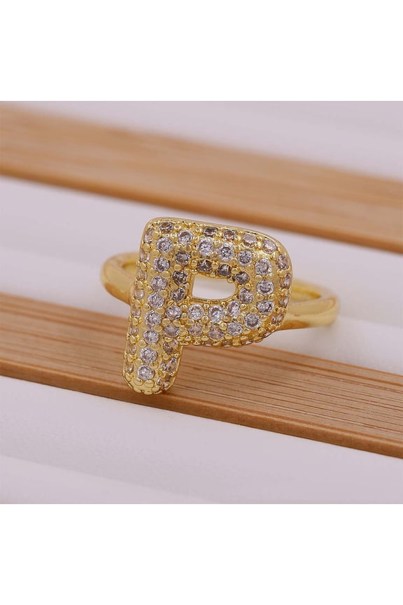 1pc Brass Micro Pave Clear Cubic Zirconia Initial Cuff Rings Golden Letter P Inner Diameter: Adjustable 1pc