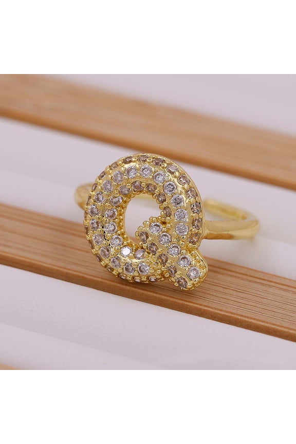 1pc Brass Micro Pave Clear Cubic Zirconia Initial Cuff Rings Golden Letter Q Inner Diameter: Adjustable Clear