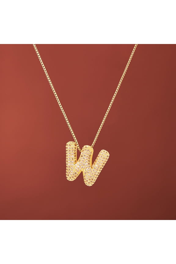 1pc Brass Micro Pave Clear Cubic Zirconia Initial Necklaces for Women Golden Letter W 15.75 inch(40cm)