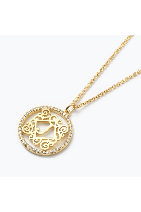 1pc Brass Micro Pave Clear Cubic Zirconia Necklaces Flat Round with Letter golden Letter.J 16.14~17.20 inch(41~43.7cm)