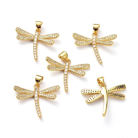 1pc Brass Micro Pave Clear Cubic Zirconia Pendants with Jump Ring Long-Lasting Plated Dragonfly Real 18K golden Plated 20x24x3mm Hole: 5x3mm