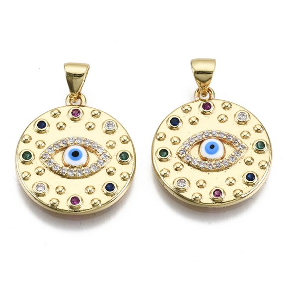 1pc Brass Micro Pave Colorful Cubic Zirconia Pendants Nickel Free Flat Round with golden 21x18.5x3mm Hole: 4.5x3.5mm