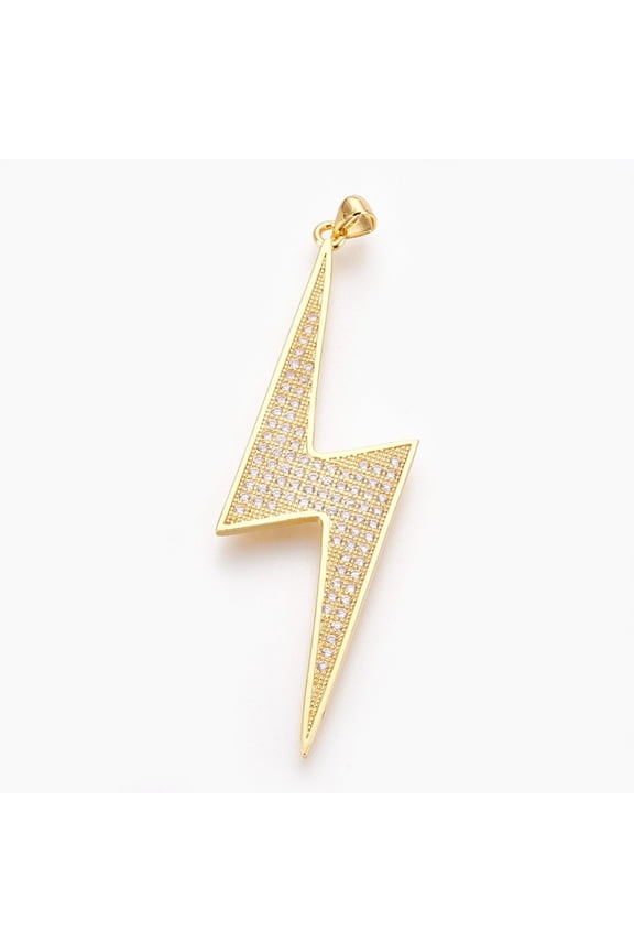 1pc Brass Micro Pave Cubic Zirconia Big Pendants Lead Free & Cadmium Free & Nickel Free Long-Lasting Lightning Bolt Clear golden 68x18.5x2mm Hole: 3x3.5mm