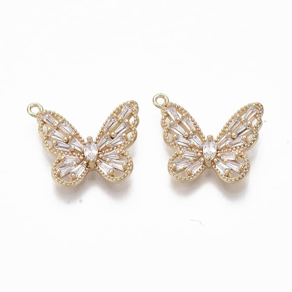1pc Brass Micro Pave Cubic Zirconia Pendants Nickel Free Butterfly golden Clear 14x17x3mm Hole: 1.2mm