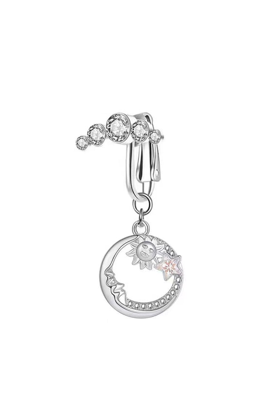 1pc Brass Pave Clear Cubic Zirconia Clip on Belly Rings with 304 Stainless Steel Clasps Platinum Moon with Sun 37mm