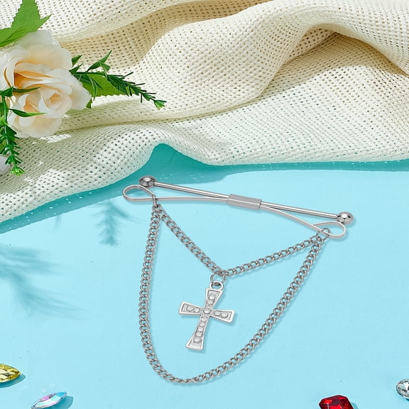 1pc Brass Rhinestone Hanging Chains Collar Pins Tie Clips Cardigan Clips for Men Women Platinum 78x62x5mm 1pc/color