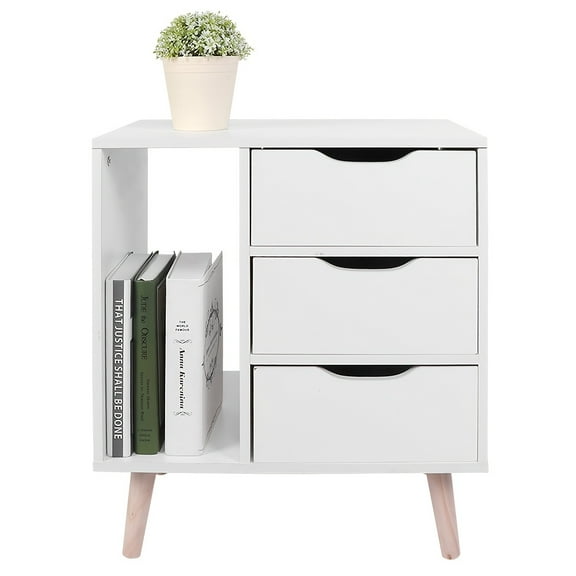 1pc BriGen Tech Modern White Nightstand with Drawers - Freestanding Hardwood Bedside Table with Foot Storage Organizer for Bedroom - Under 27" Height, Over 3.2 Cu Ft Storage Capacity