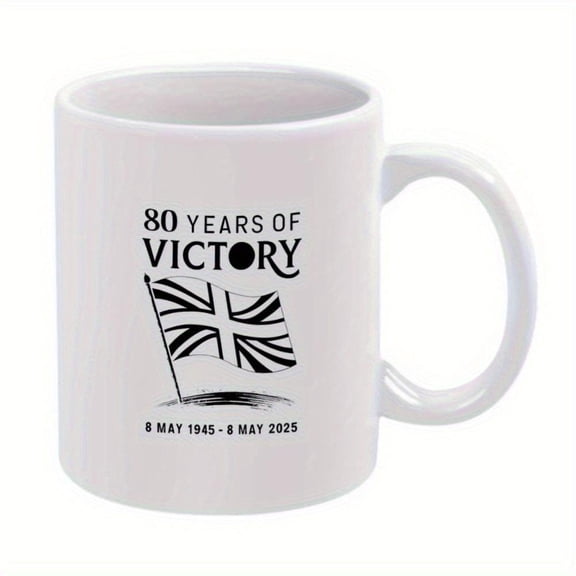 1pc British Union Jack Mug White Ceramic Coffee Cup with Black Design 80 Years of Victory Commemorative Cup Anniversary Birthday Independence Day Durable Office Home Decor Patrioti