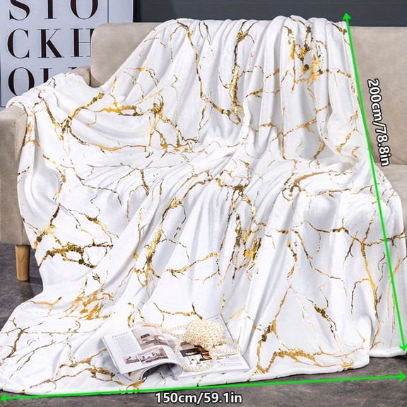1pc Bronzing Marble Print Flannel Blanket, Soft Warm Throw Blanket Nap Blanket For Couch Sofa Office Bed Office Camping Travelling