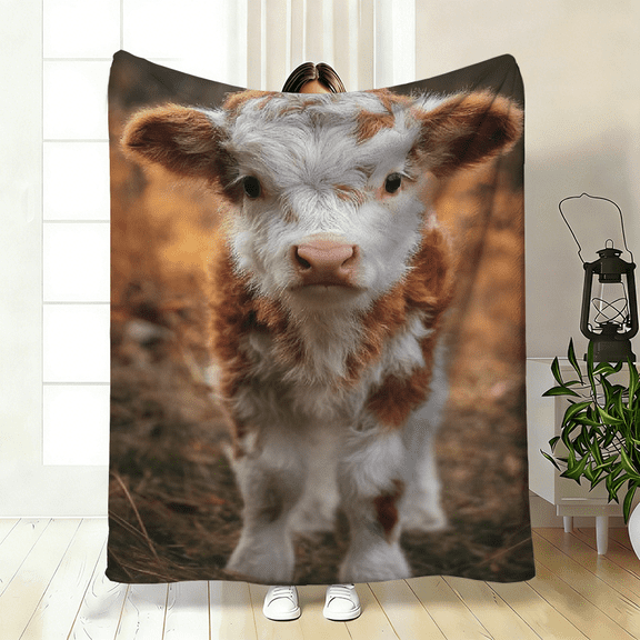 1pc Brown And White Calf HD Printed Blanket. Soft and Warm Flannel Blanket for Travel, Camping, Sofa, Livingroom, Couch, Chair, Bed. Gift for Family or Friends.