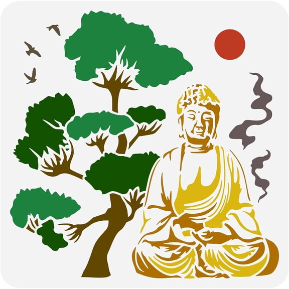 1pc Buddha Statue Stencils 11.8x11.8 inch Meditation Theme Stencil Template Plastic Tree Birds Sun Cloud Patterns Stencil Reusable DIY Art and Craft Stencil for Wall Window Floor Decor