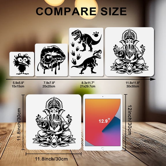 1pc Buddhist Elephant Stencil 11.811.8inch Lotus Painting Stencil with Paint Brush Reusable Elephant Animal Template for Painting on Walls Furniture Crafts