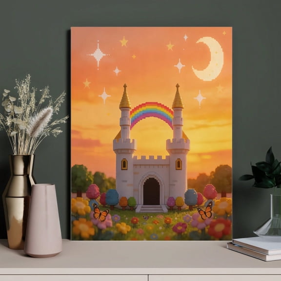 1pc/Building Block Style Magical Castle Canvas Wall Art - 12x16 Inch Framed Kids Room Decor, Sunset Rainbow Castle Print With Moon & Stars, Ready To Hang Nursery & Princess Room Wall Decor