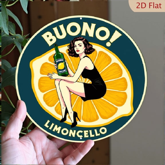 1pc Buono! Limoncello Metal Aluminum Sign - 8*8 Inch Retro Italian Wall Art with Lemon Slice & Elegant Lady Design - Vibrant Kitchen, Bar, Restaurant Decor - No Electricity Needed - Perfect Gift for