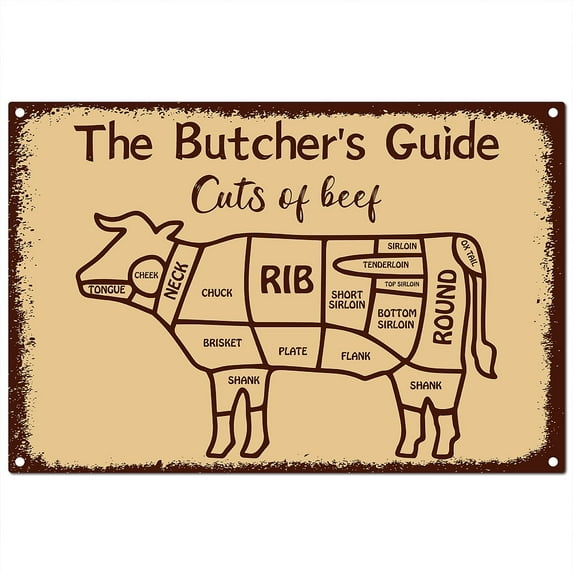 1pc Butcher Guide Signs Tin Plate Cuts of Beef Butcher's Guide Cow Funny Animal Metal Sign Vintage Kitchen Plaque Retro Decorations for Family Home Restaurant Wall Decor 8x12Inch