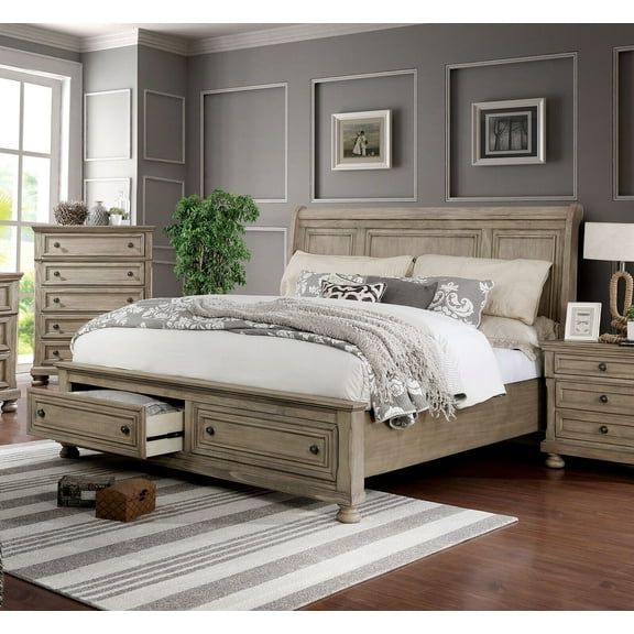 1pc California King Size Bed Transitional Style Solid wood Gray Footboard Storage Drawer Bedroom Furniture Sleigh Back Headboard