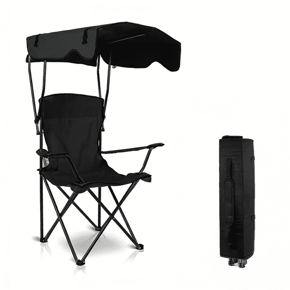 MF MENTAFLOW 1pc Camping Chair With Canopy, Outdoor Folding Lounge Chair With Adjustable UPF 50+ Sun Shade & Cup Holder, Portable Camping Recliner For Camp Beach Outdoor Sports Sketching