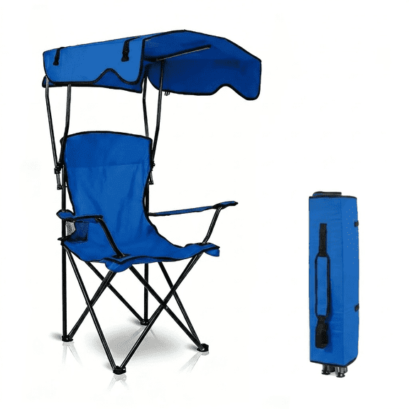 MF MENTAFLOW 1pc Camping Chair With Canopy, Outdoor Folding Lounge Chair With Adjustable UPF 50+ Sun Shade & Cup Holder, Portable Camping Recliner For Camp Beach Outdoor Sports Sketching