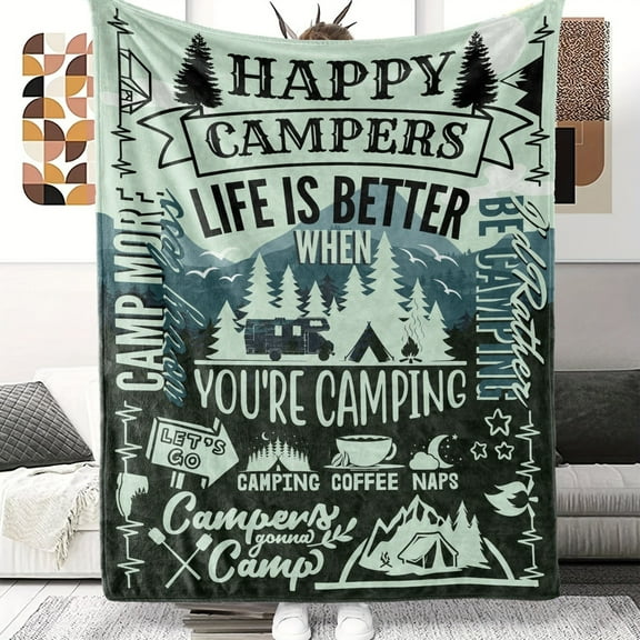 1pc Camping Theme Gift Blanket For Women Men Lovers Flannel Blanket, Happy Campers Decor Outdoor Blanket, Campsite Travel Hiking Happy Campers Throw Blanket