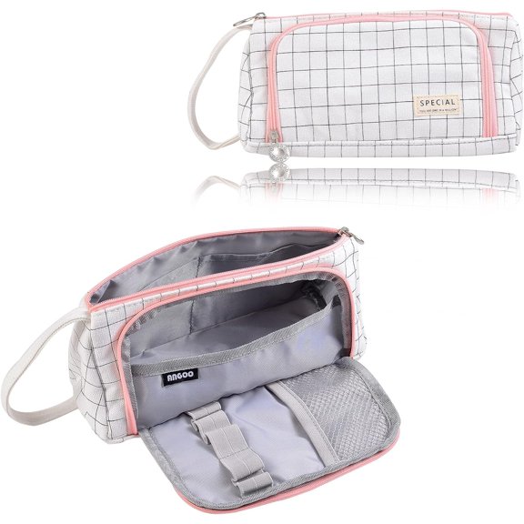 1pc Canvas Pen Case Pen Holder Storage bag Rectangle with Tartan Pattern White 290mm