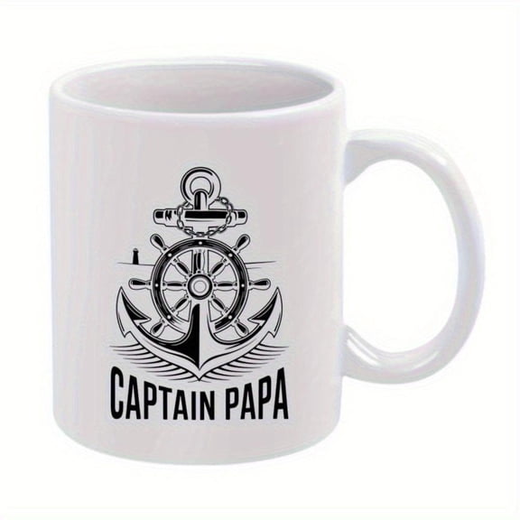 1pc Captain Papa Nautical Anchor Ship Wheel Design 11oz Ceramic Coffee Mug Durable Black White Illustration Ideal Dad Husband Office Home Use Birthdays Weddings Holidays Coffee Bar