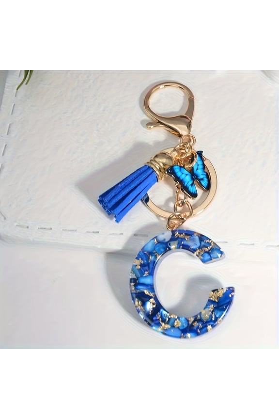 1pc of Car Keychain, Blue Butterfly Tassel A-Z Initial Keyring, a Novelty Key Strap Pendant Suitable for Women, Perfect for Wallets, Bags, Backpacks, Accessory Charms, Car Keychains,Creative Gift
