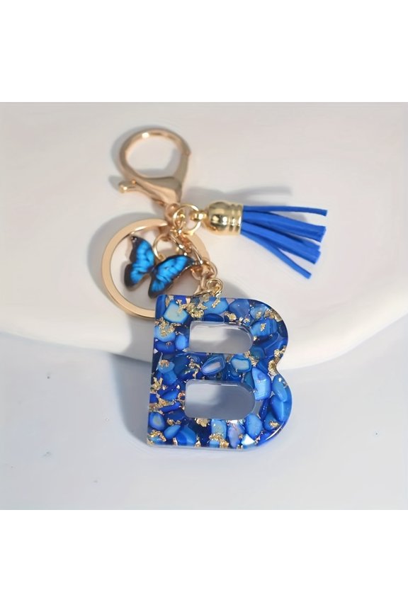 1pc of Car Keychain, Blue Butterfly Tassel A-Z Initial Keyring, a Novelty Key Strap Pendant Suitable for Women, Perfect for Wallets, Bags, Backpacks, Accessory Charms, Car Keychains,Creative Gift