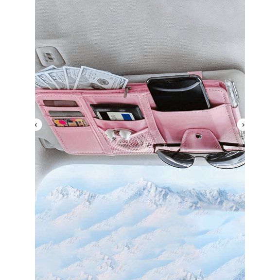 1pc Car Sun Visor Storage Bag Leather Zipper Organizer Pouch Multi Function Card Holder Unisex