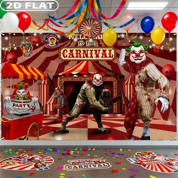 1pc Carnival Circus Studio Props Photography Backdrop 59.06x82.68 Inch Polyester Creepy Carnival Party Decor Halloween Scary Clown Banner Horror Theme Welcome To The Carnival Background