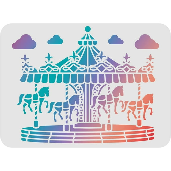 1pc Carousel Horse Stencils 11.7x8.3 inch Plastic Carousel Stencil Drawing Painting Stencils Castle Clouds Pattern Reusable Cloud Stencils for Painting on Wood Floor Wall and Tile