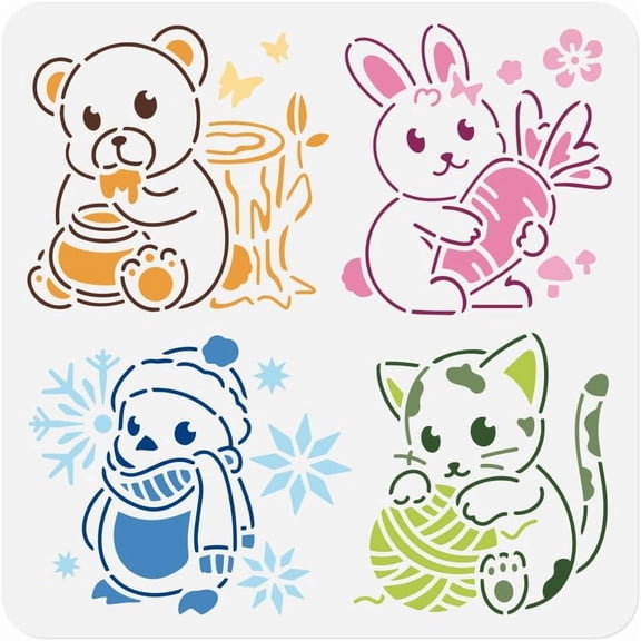 1pc Cartoon Animal Wall Stencil for DIY Painting 11.8x11.8 Teddy Bear Easter Bunny Rabbit Cat Reusable Stencil Christmas Snowman Paint Templates DIY Craft Art Stencil on Wood Fabric Canvas