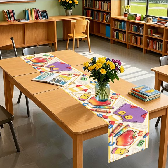 1pc Cartoon Apple ABC Stationery 2D Table Runner, Kitchen Indoor Party Decor, Perfect Holiday Present, Christmas Thanksgiving Labor Day