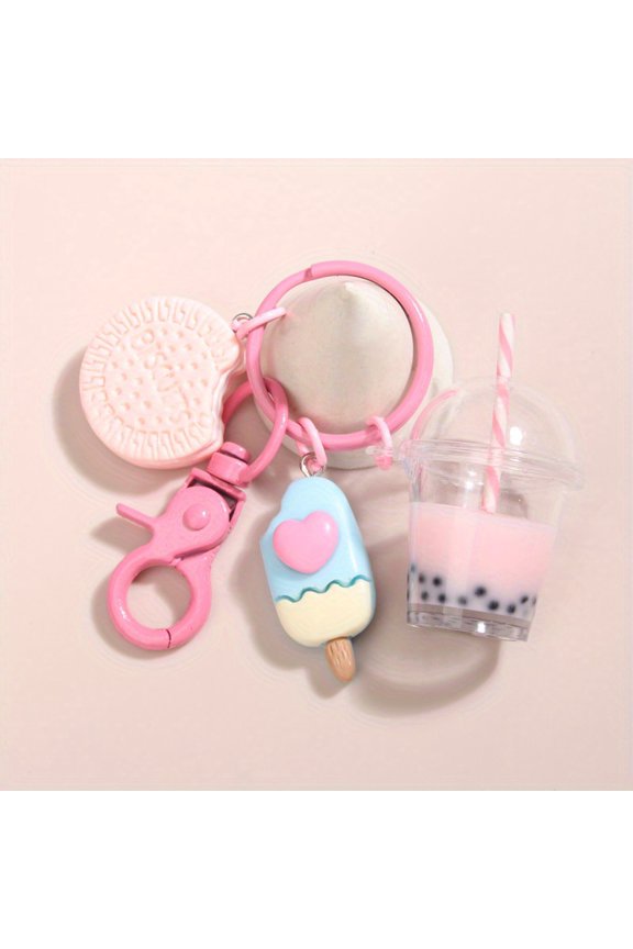 1pc Cartoon Cookie Ice Cream Boba Tea Keychain Cute Purse Bag Backpack Car Key Charm Earbud Case Accessory Women Daily Use Gift