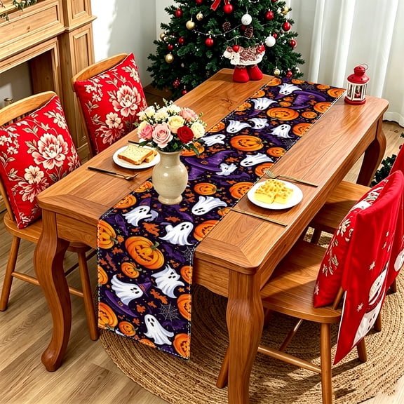 1pc Cartoon Pumpkin Ghost Witch Full Print Table Runner, Polyester Halloween Table Decor (13x48/13x70/13x108 inch)