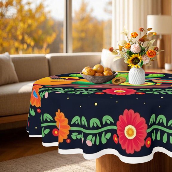 1pc Cartoon Smiling Cactus Fiesta 2D Printed Round Tablecloth, Floral Cover for Garden Kitchen Holiday Dining, Great Christmas Gift For Hostess Mexican Culture Enthusiasts