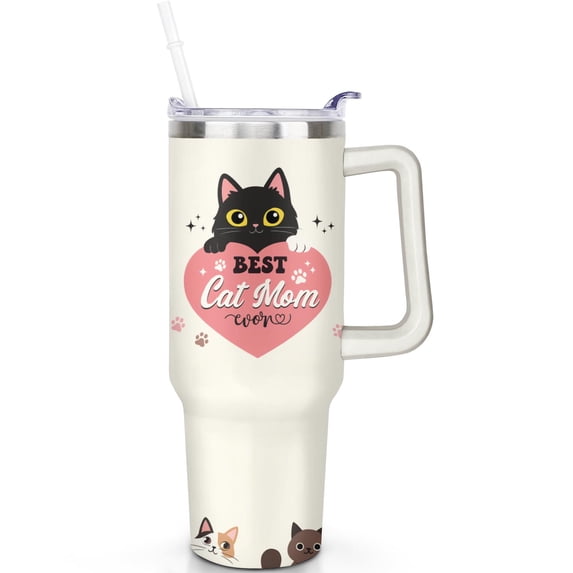 1pc Cat 40oz Tumbler with Straw & Handle - Insulated Stainless Steel Cup | Holiday Gift for Man Women (Christmas, Valentine's, Birthday)