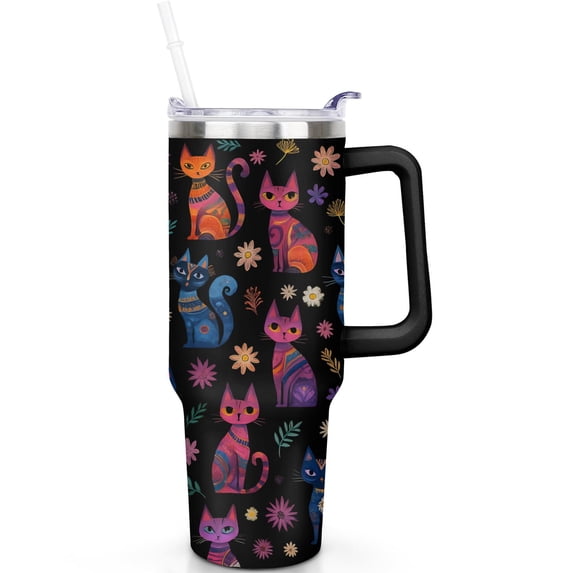 1pc Cat 40oz Tumbler with Straw & Handle - Insulated Stainless Steel Cup | Holiday Gift for Man Women (Christmas, Valentine's, Birthday)