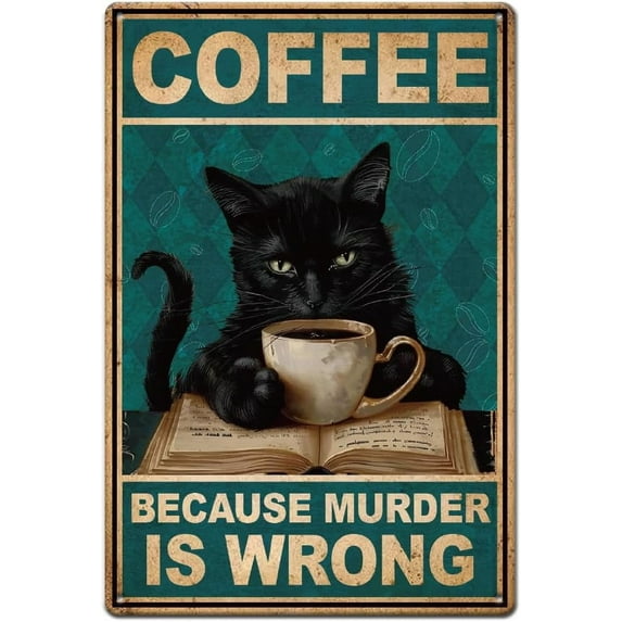 1pc Cat Book Coffee Metal Tin Sign Funny Cat Tin Sign Retro Metal Poster Vintage Funny Art Sign for Home Office Restaurants Cafes Bars Pub Man Cave Wall Decor Plaque Sign