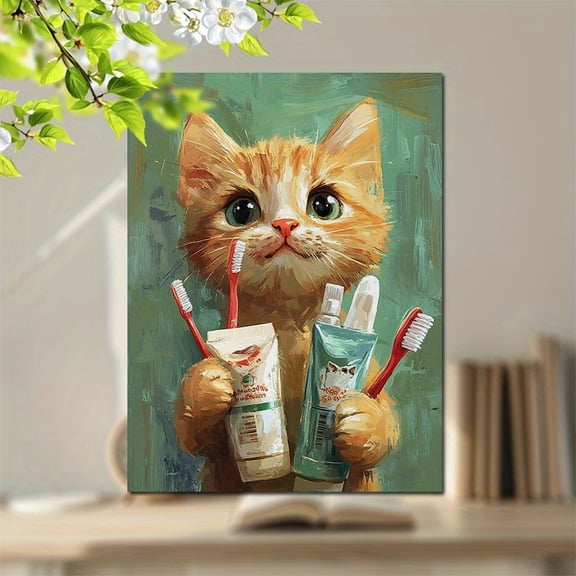 1pc Cat Canvas Wall Art - Playful Orange Tabby Kitten Picture with Toothbrush Print, Modern Minimalist Pet Decor, Wrap-Around Frame & Hook for Hanging, Ready-to-Hang for bedroom, Living Room