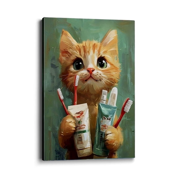 Topbout Art Modern Cute Funny Orange Cat Toothpaste Canvas Wall Art Bathroom Washroom Kids 12*8 inch (30*20*2cm)