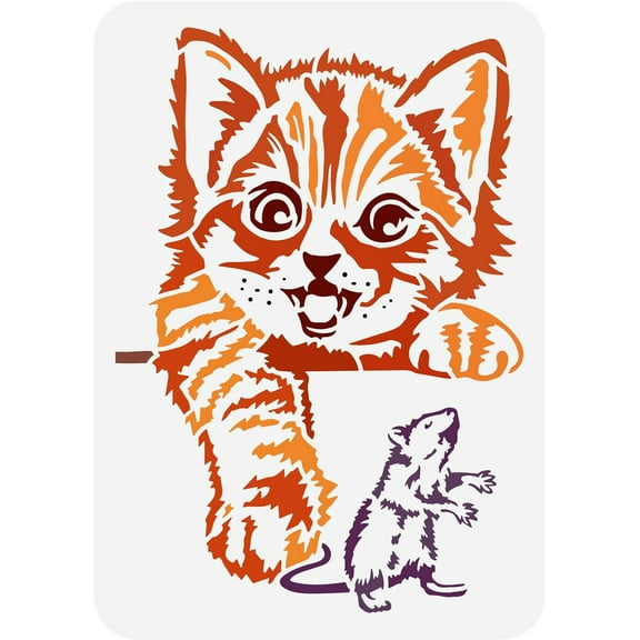1pc Cat Catches Mouse Painting Stencil 8.3x11.7inch Reusable Cute Cat Drawing Template Plastic PET Mouse Stencil for Painting Animal Theme Stencil for Home Wall Furniture Floor Decoration
