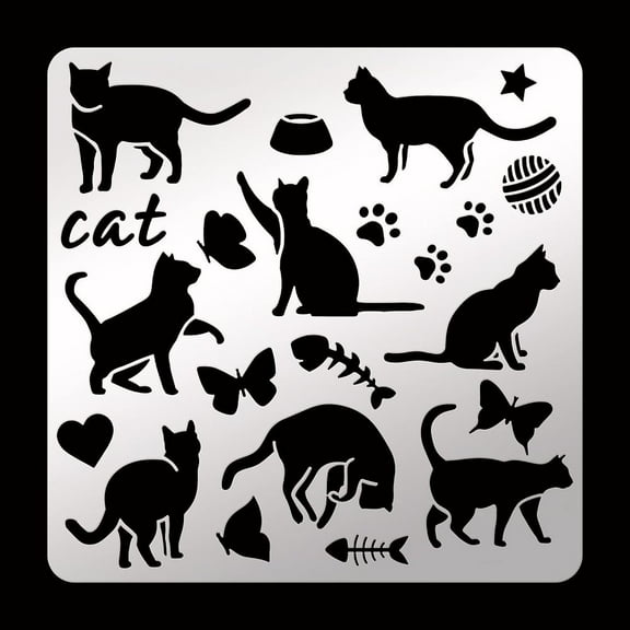 1pc Cat Metal Stencil 15.6cm Square Metal Cat Pattern Stencil Stainless Steel Cat Paw Scrapbooking Drawing Stencil Butterfly Fishbone Stencil for Engraving Pyrography Journal