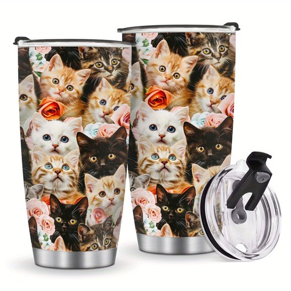 Foloda Cute Kitten Cat Collage Floral Insulated 20 oz Tumbler Travel Cup