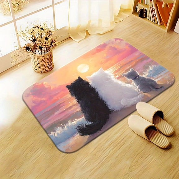 1pc Cat Sunset Beach Scene HD Printed Door Mat - Non-Slip, Microfiber Absorbent, Machine Washable Polyester Mat for Bedroom, Living Room, Entrance, Camping, Yoga Mat, Camping Picnic