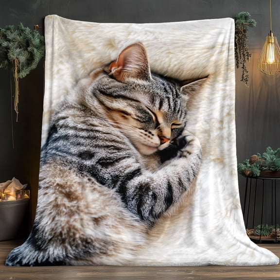 1pc Cat Themed Cozy Sleeping Blanket Suitable for Sofa Bed Camping Lightweight Warm Throw with Sleeping Kitten & Paws Print Soft Bedspread for & Comforter